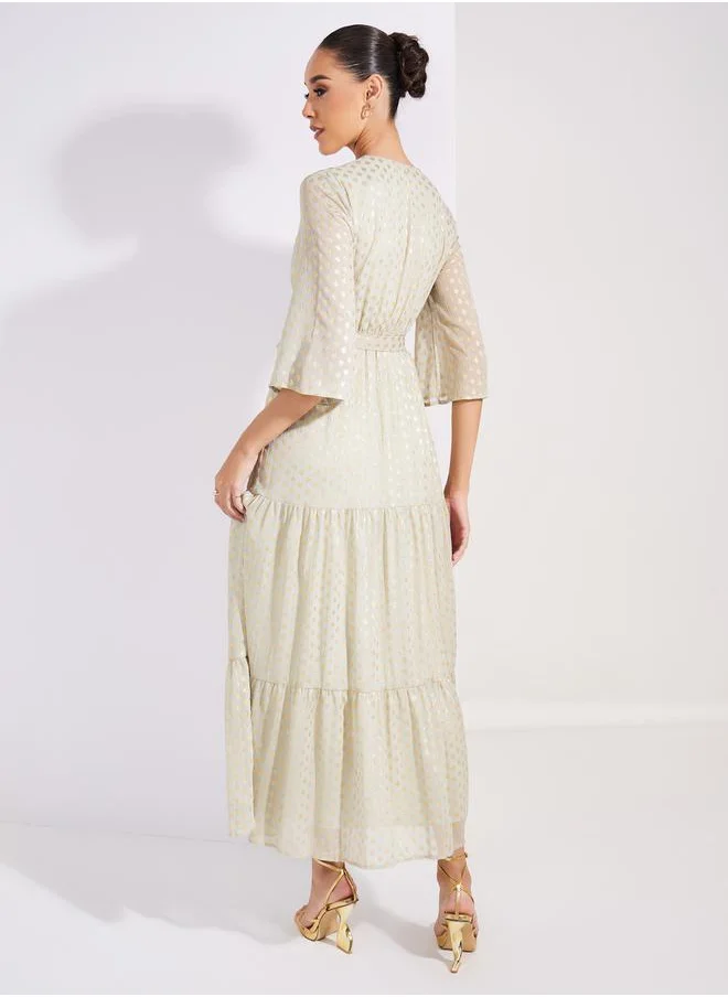Styli Lurex Foil Print Wrap Front Maxi Dress