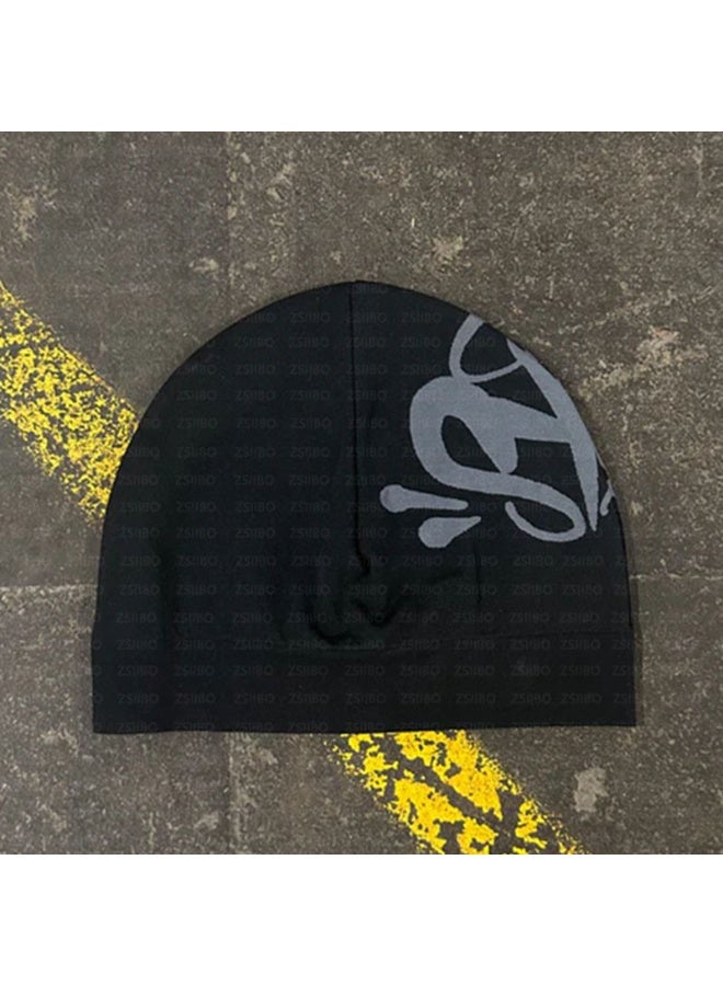 Black Graphic Beanie with Subtle Logo Print – Edgy & Stretchy Daily Headwear
