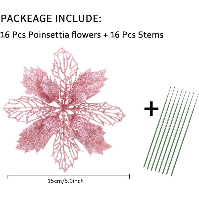 Wironlst 16 Pcs Glitter Poinsettia Flowers Artificial - Christmas Gold Poinsettia Decorations Tree Flowers Ornaments for Xmas/Holiday/Seasonal/Wedding Decor (Pink) - Image 2