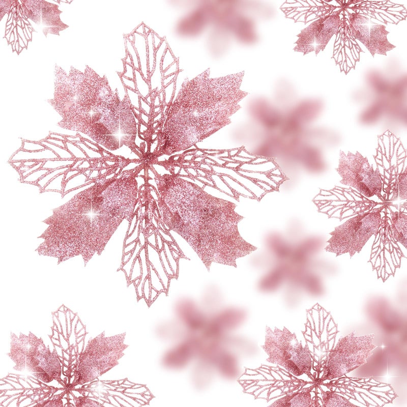 Wironlst 16 Pcs Glitter Poinsettia Flowers Artificial - Christmas Gold Poinsettia Decorations Tree Flowers Ornaments for Xmas/Holiday/Seasonal/Wedding Decor (Pink) - Image 1
