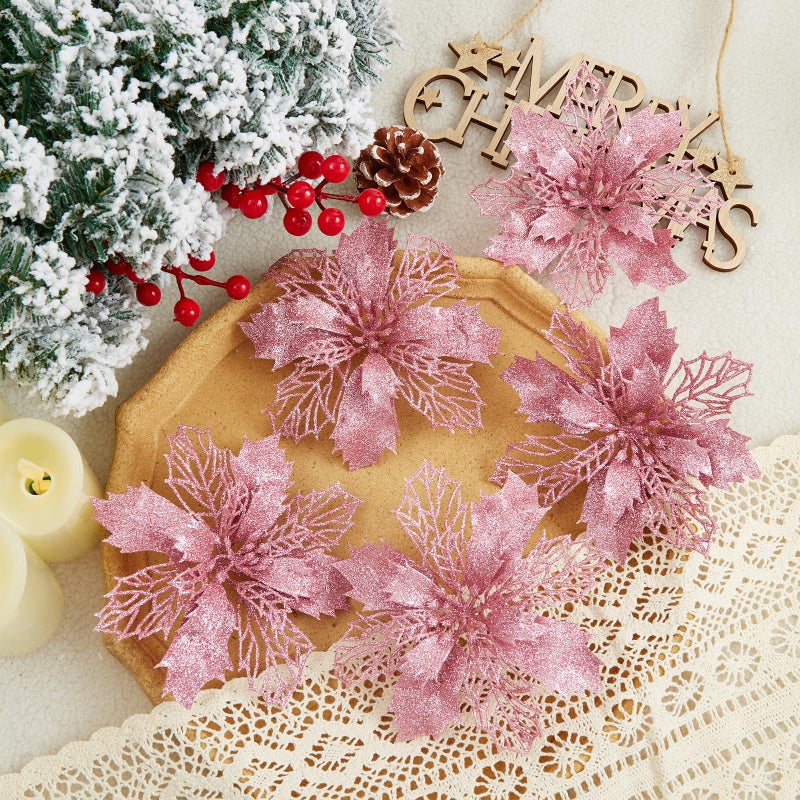 Wironlst 16 Pcs Glitter Poinsettia Flowers Artificial - Christmas Gold Poinsettia Decorations Tree Flowers Ornaments for Xmas/Holiday/Seasonal/Wedding Decor (Pink) - Image 3