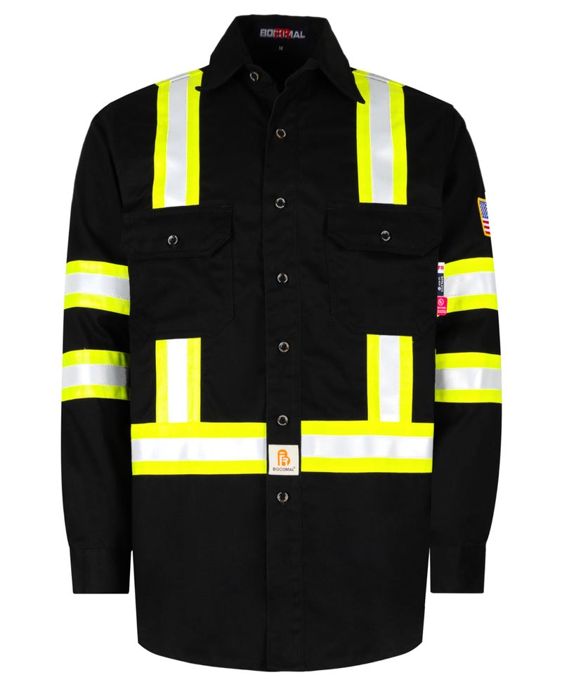 BOCOMAL FR Shirts High Visibility Button Down 7.5oz ANSI/ISEA Type O Class1 Flame Resistant Hi Vis Refective Safety Jacket - Image 1