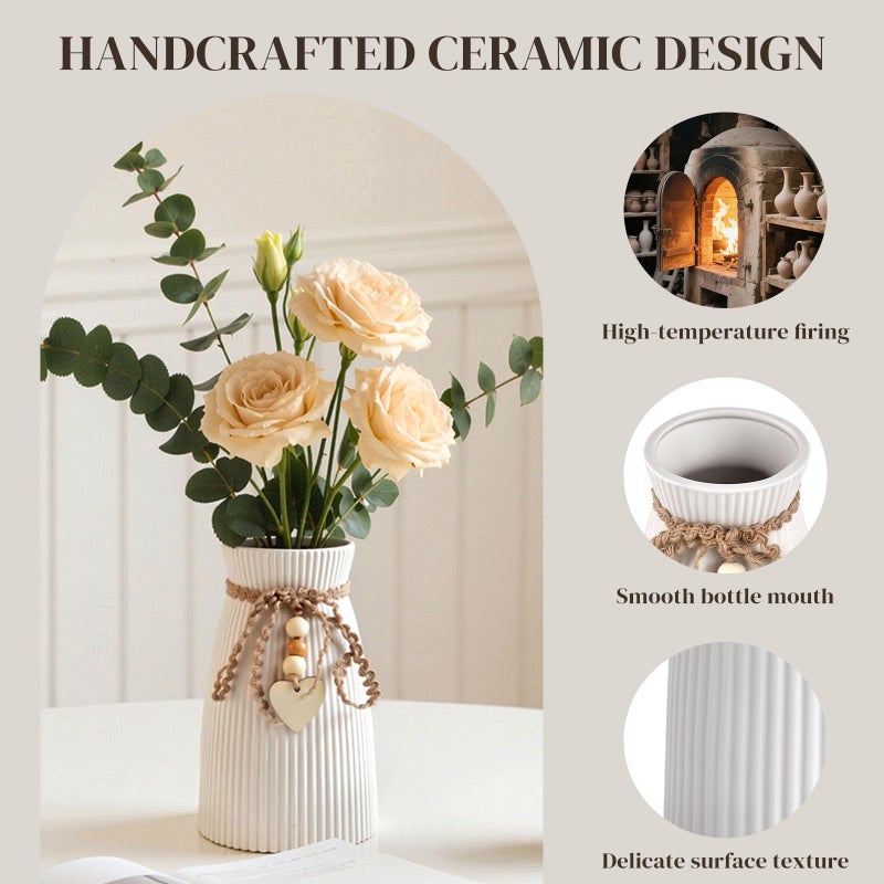 DomeStar White Ceramic Vase, Small Flower Vase for Pampas Grass, Home, Living Room, Dining Table, Farmhouse, Office Decor, Bedroom, Table, Kitchen Shelf, Minimalist Modern Home Decoration - Image 3