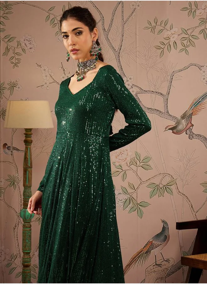 ساسافراس Embellished Sequins Sweetheart Neck Anarkali Kurta