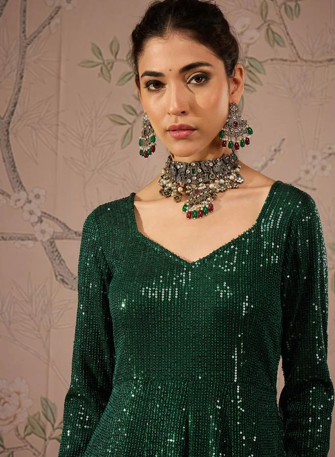 SASSAFRAS Embellished Sequins Sweetheart Neck Anarkali Kurta by Styli