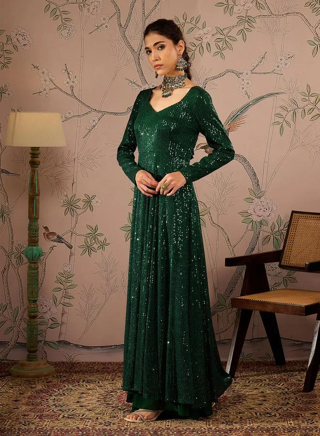 SASSAFRAS Embellished Sequins Sweetheart Neck Anarkali Kurta by Styli