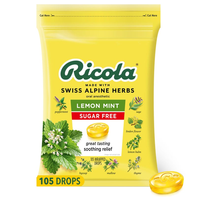 Ricola Sugar Free Lemon Mint Herbal Cough Suppressant Throat Drops, 105ct Bag - Image 1