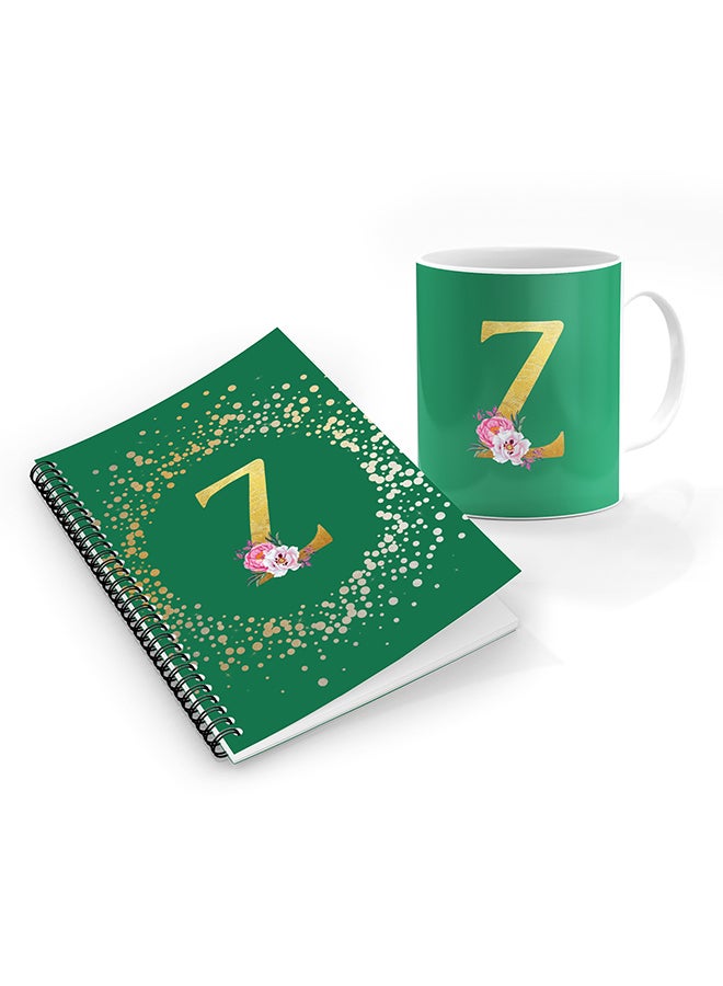 Stylizedd Printed Coffee Mug + A5 Spiral Notebook Memo Personalised Combo Gift Set Custom Monogram Initial Letter Floral Pattern Alphabet - Z  (Spring Green)