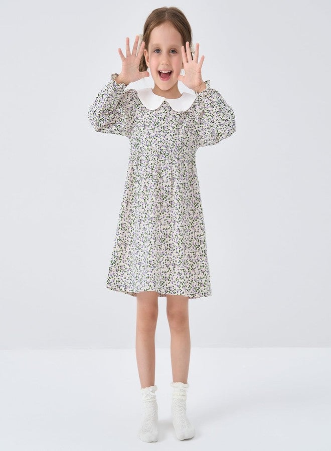 pureborn Baby Toddler Girls Woven Dress Long Sleeve Spring Fall Playwear Dresses Floral Purple 18-24 Months - Image 3