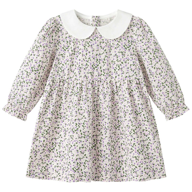pureborn Baby Toddler Girls Woven Dress Long Sleeve Spring Fall Playwear Dresses Floral Purple 18-24 Months - Image 1