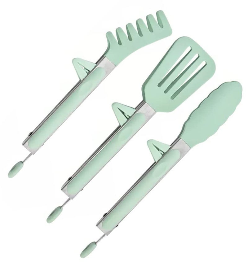 pepplo 3in1 Silicone Kitchen Cooking Tongs Set, Stainless Steel Nonstick Food Tong Silicone Tips for Serving Spaghetti Steak Pizza Salad(Green) - Image 1