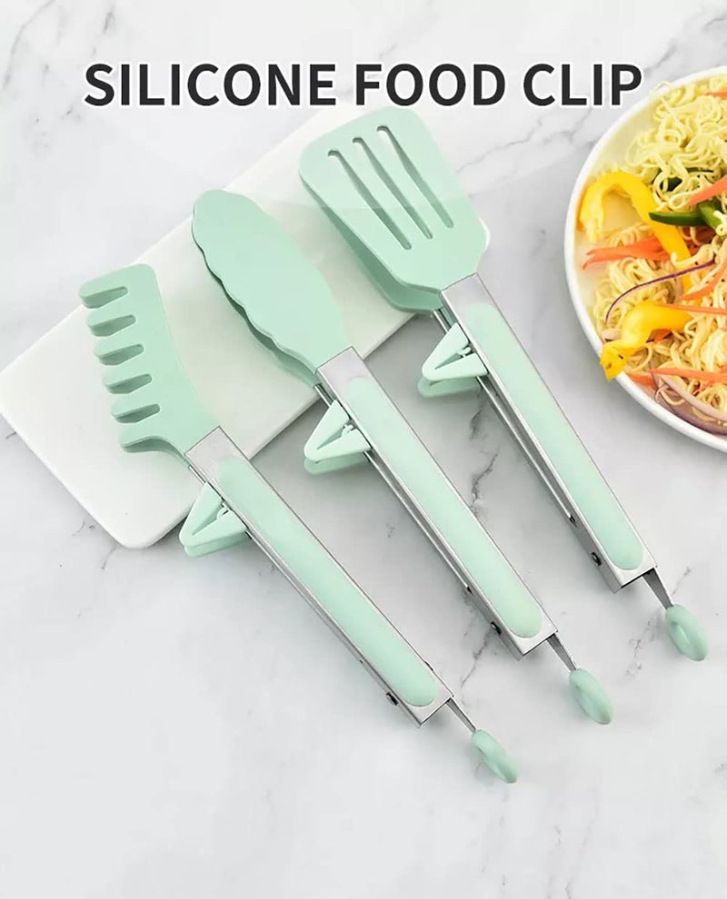 pepplo 3in1 Silicone Kitchen Cooking Tongs Set, Stainless Steel Nonstick Food Tong Silicone Tips for Serving Spaghetti Steak Pizza Salad(Green) - Image 5