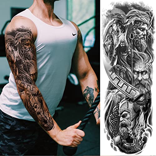 Briyhose Realistic Greek Poseidon Temporary Tattoo Sleeves For Men, Full Arm Large Myth Ancient Warrior Lion Fake Sleeve Tattoo Adult Women, Black 3D Gladiator Wolf Temp Tatoo Sticker Leg Body Makeup, 6-Sheet - Image 2