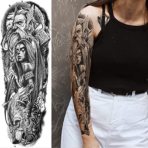 Briyhose Realistic Greek Poseidon Temporary Tattoo Sleeves For Men, Full Arm Large Myth Ancient Warrior Lion Fake Sleeve Tattoo Adult Women, Black 3D Gladiator Wolf Temp Tatoo Sticker Leg Body Makeup, 6-Sheet - Image 4