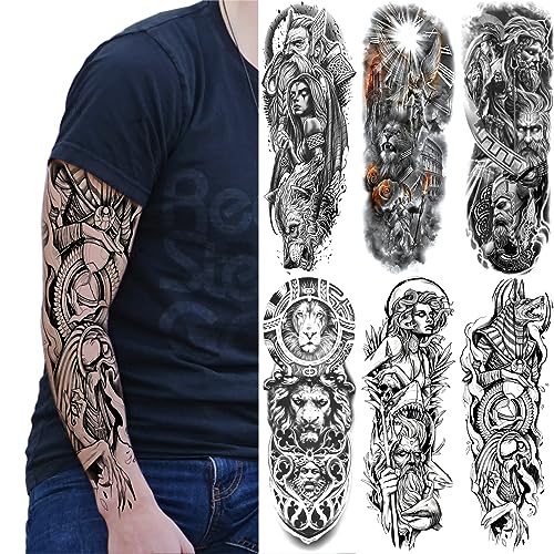Briyhose Realistic Greek Poseidon Temporary Tattoo Sleeves For Men, Full Arm Large Myth Ancient Warrior Lion Fake Sleeve Tattoo Adult Women, Black 3D Gladiator Wolf Temp Tatoo Sticker Leg Body Makeup, 6-Sheet - Image 1