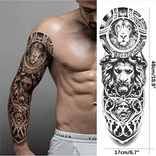 Briyhose Realistic Greek Poseidon Temporary Tattoo Sleeves For Men, Full Arm Large Myth Ancient Warrior Lion Fake Sleeve Tattoo Adult Women, Black 3D Gladiator Wolf Temp Tatoo Sticker Leg Body Makeup, 6-Sheet - Image 5