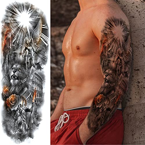 Briyhose Realistic Greek Poseidon Temporary Tattoo Sleeves For Men, Full Arm Large Myth Ancient Warrior Lion Fake Sleeve Tattoo Adult Women, Black 3D Gladiator Wolf Temp Tatoo Sticker Leg Body Makeup, 6-Sheet - Image 3