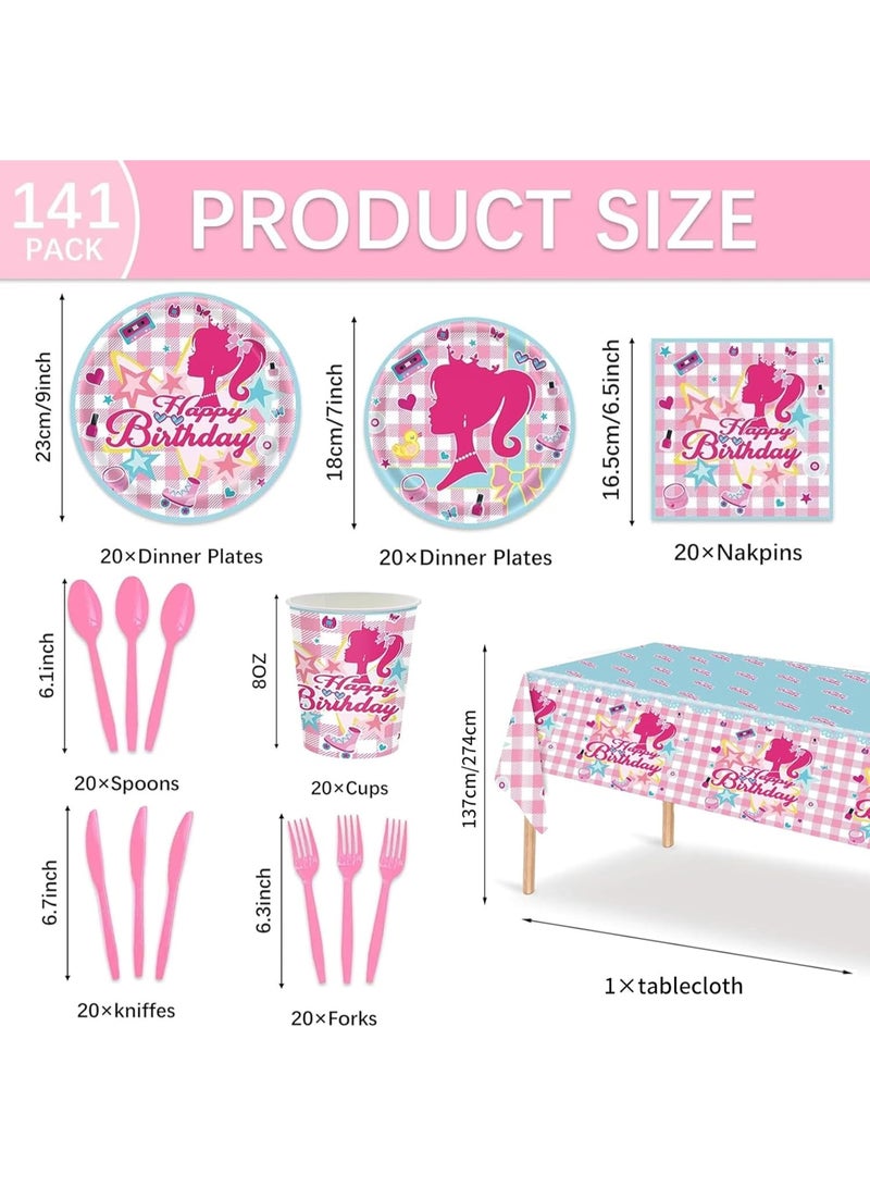 Soofam 141 PCS Pink Princess Birthday Party Supplies, Pink Girl Birthday Party Supplies,Pink Doll Party Derocations for barbie Party Serves 20 Guests Plates and Napkins Cup (barbie) - Image 2