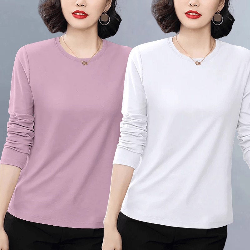 Pure cotton casual popular long-sleeved t-shirt for women's autumn 2025 new loose plus-size versatile age-reducing top with front shoulder - Image 1