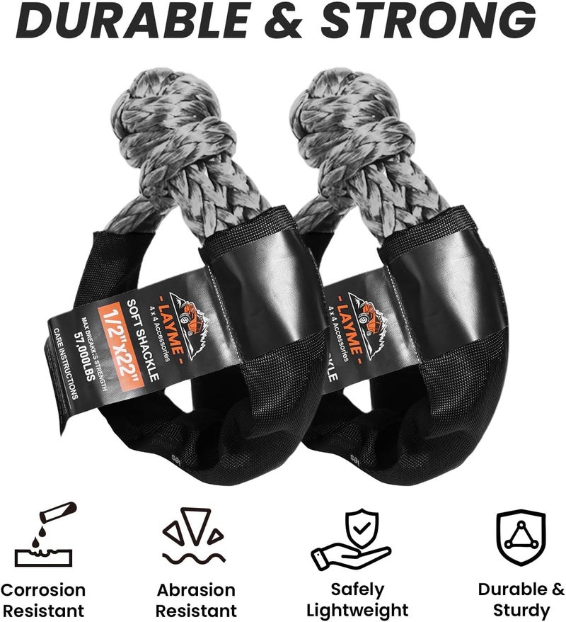 LAYME 2-Pack Soft Shackle Recovery Kit with Red Ring, 1/2 Inch x 22 Inch - 57,000 Lbs Breaking Strength, Synthetic Rope Shackles for Off-Road Vehicle Recovery of Truck, SUV, UTV, ATV (Grey) - Image 3