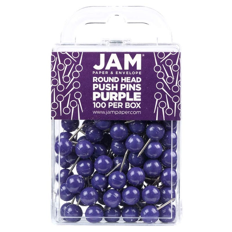 JAM PAPER Colorful Push Pins - Round Head Map Thumb Tacks - Purple Pushpins - 100/Pack - Image 1
