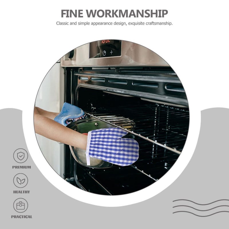 Dark Blue Plaid Heat Resistant Oven Glove Microwave Safe Kitchen Protective Baking Mittens - Image 4