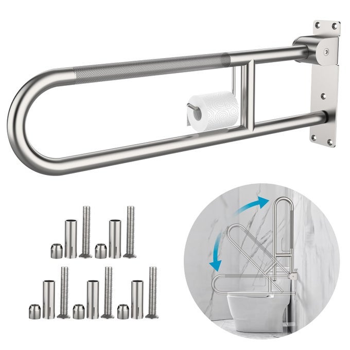TOILET GRAB BAR 303 INCH ANTISLIP HANDICAP GRAB BARS WITH PAPER HOLDER FLIPUP BATHROOM TOILET SAFETY RAILS STAINLESS STEEL KNURLED SUPPORT HANDRAILS FOR SENIORS ELDERLY DISABLED PREGNANT