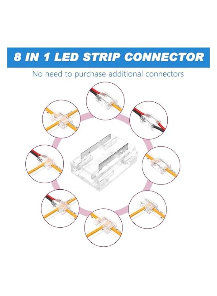erorex 12Pcs 8-in-1 LED Strip Connectors, 2 Pin 10mm COB Tape Light Terminal, Gapless Solderless Transparent Connection for 5V 12V 24V, Straight Corner Strip to Strip Strip to Wire - Image 4