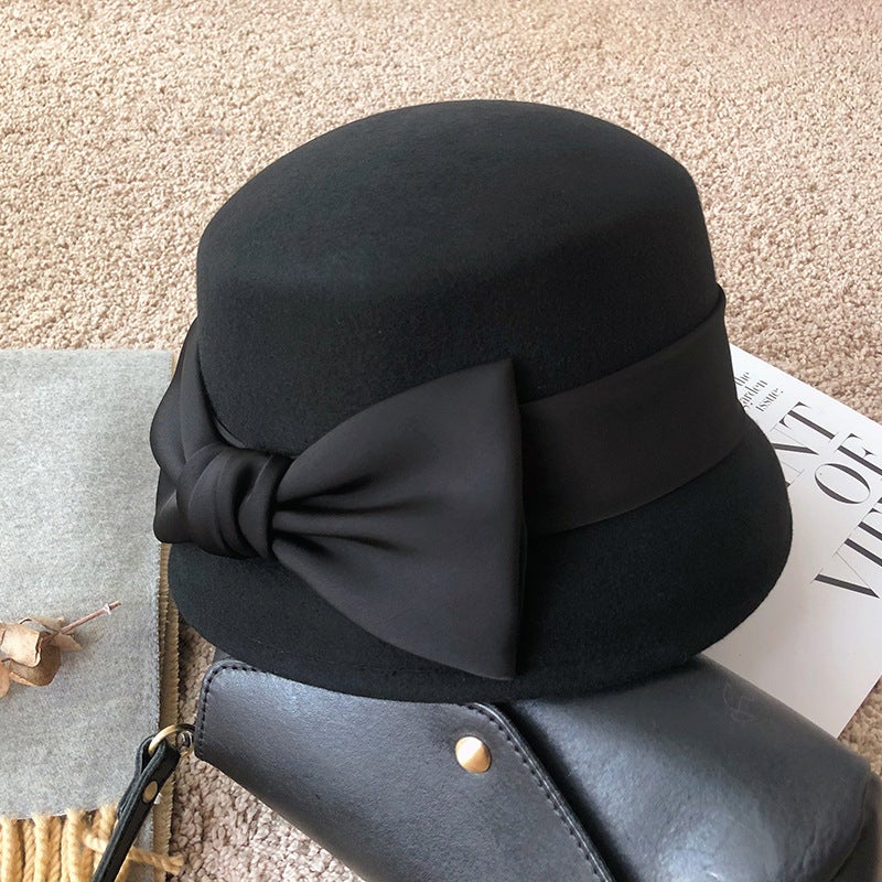 Autumn and winter New elegant Hepburn bow French top hat vintage woolen hat womens Retro Dome woolen hat Khaki
