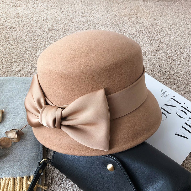 Autumn and winter New elegant Hepburn bow French top hat vintage woolen hat womens Retro Dome woolen hat Khaki