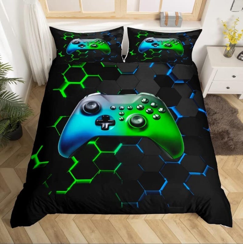 Boys Gamer Soft Reversible Duvet CoverKids Gaming Gamepad Bedding SetBlack Modern Geometric Hexagon Quilt Cover Gamer Video Game ControllerDecorative Game RoomFull SizeNo Comforter Included