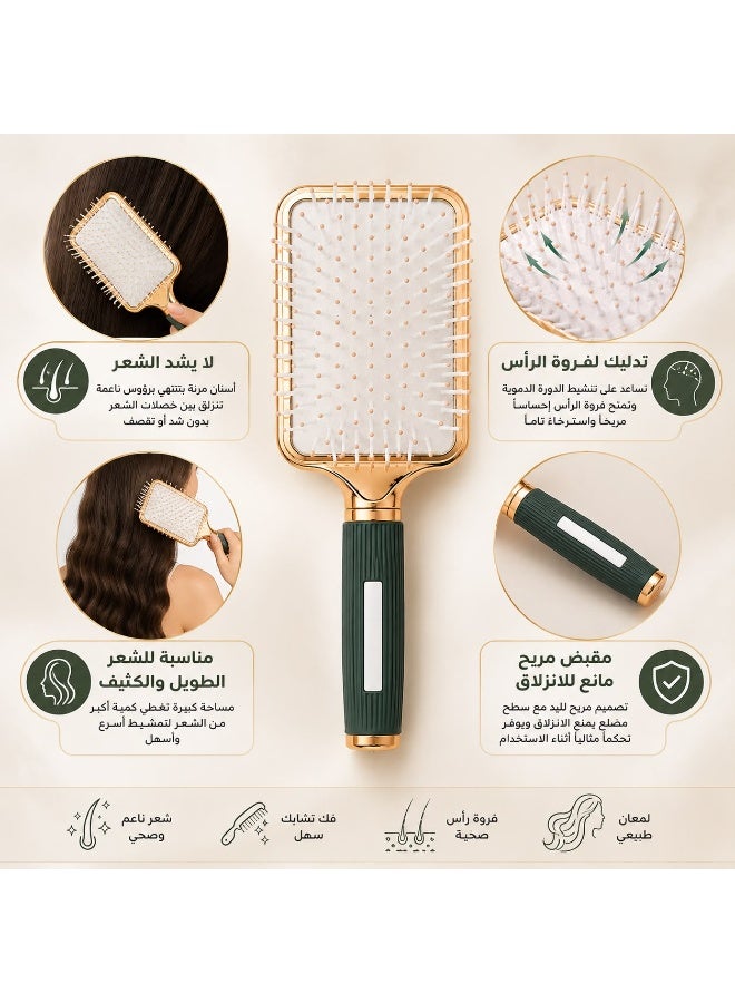 فرشاة فك تشابك الشعر بمقبض أخضر وطلاء ذهبي، فرشاة مرنة مضادة للتشابك للشعر الرطب والجاف، فرشاة تدليك فروة الرأس لتصفيف الشعر للنساء والرجال والأطفال، شكل مربع - Image 3