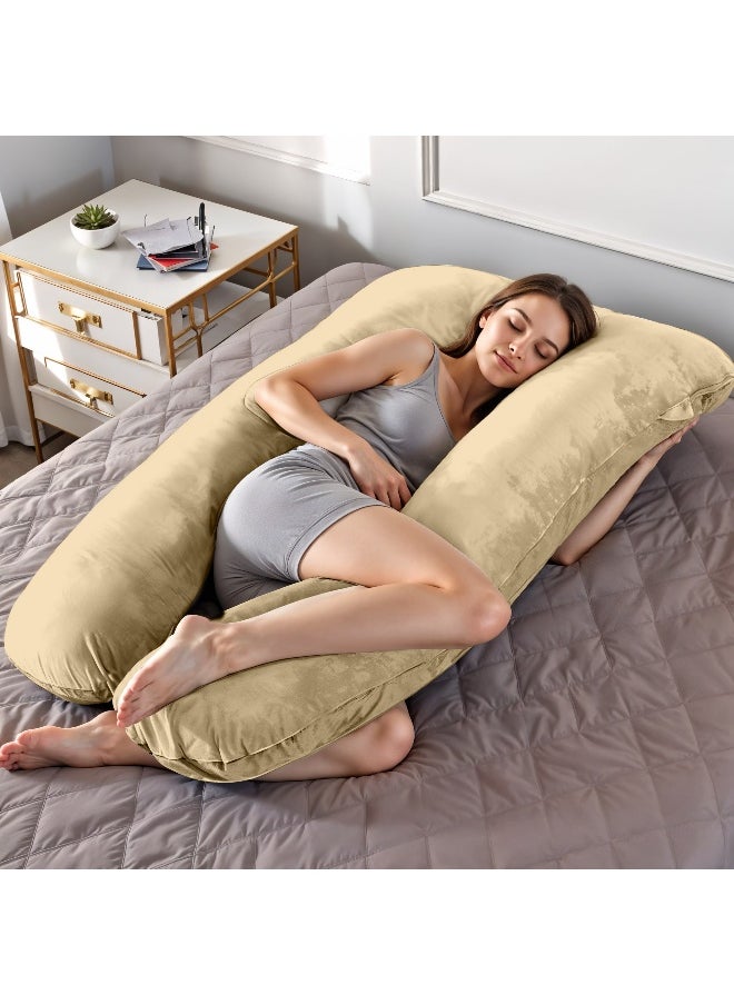 Rest Premium Velvet U Shaped Pregnancy Pillow 70X140Cm Maternity Full Body Pillow For Pregnant Women For Back , Hip , Neck And Knee Support With Removal Cover , Beige  - Image 1