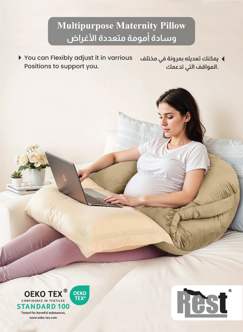 REST Premium Velvet U Shaped Pregnancy Pillow  70x140cm  Maternity Full Body Pillow For Pregnant Women for Back , Hip , Neck and Knee Support with Removal Cover , Beige - Image 4