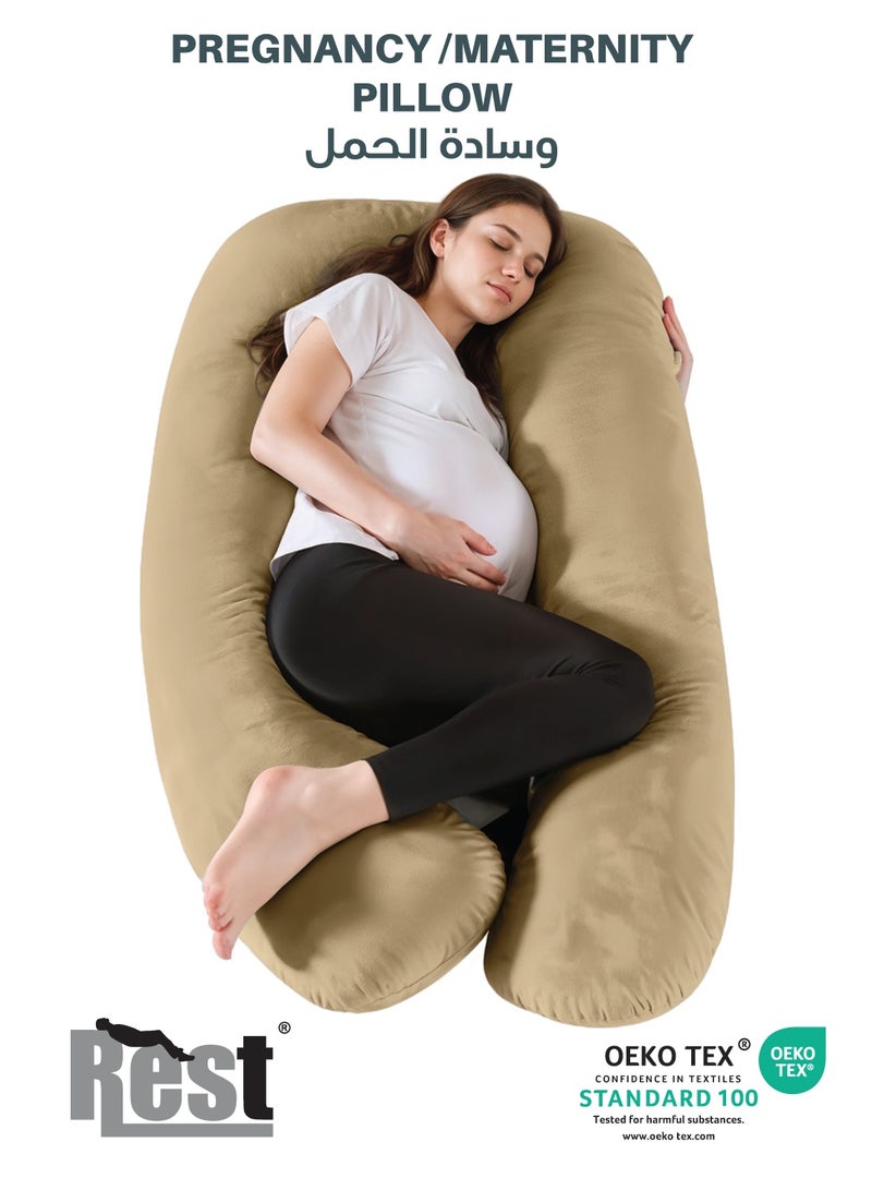 REST Premium Velvet U Shaped Pregnancy Pillow  70x140cm  Maternity Full Body Pillow For Pregnant Women for Back , Hip , Neck and Knee Support with Removal Cover , Beige - Image 1