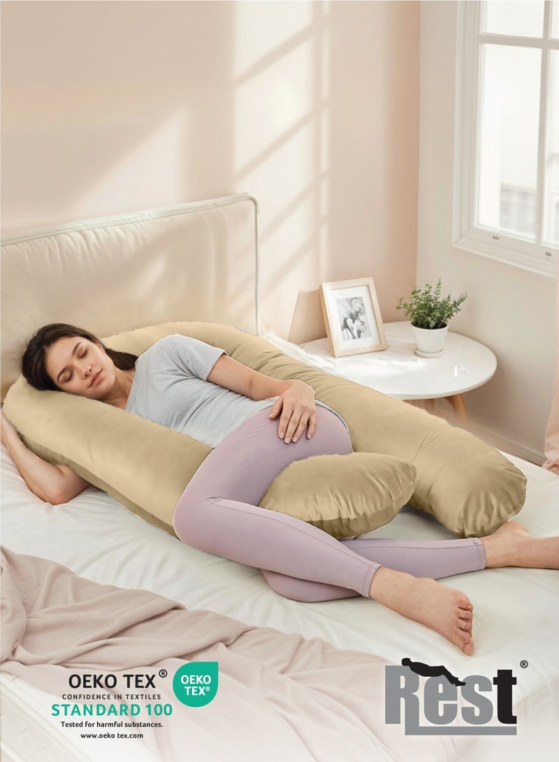 REST Premium Velvet U Shaped Pregnancy Pillow  70x140cm  Maternity Full Body Pillow For Pregnant Women for Back , Hip , Neck and Knee Support with Removal Cover , Beige - Image 2