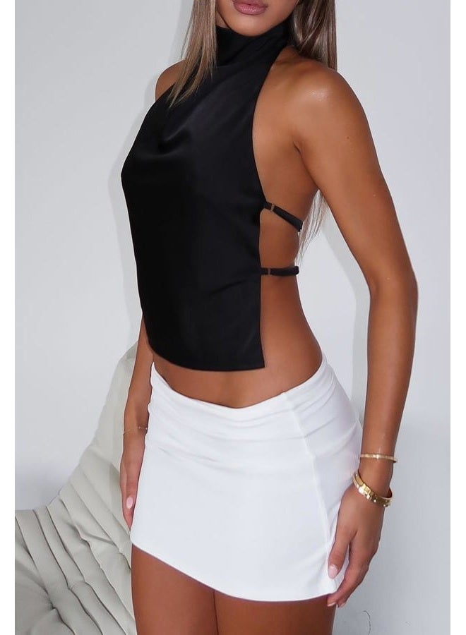 Passec Open Back Halter Tops for Women Bow Tie Back Ruched Ruffle Crop Tops Smocked Y2K Going Out Camisoles, A Black, S - Image 3
