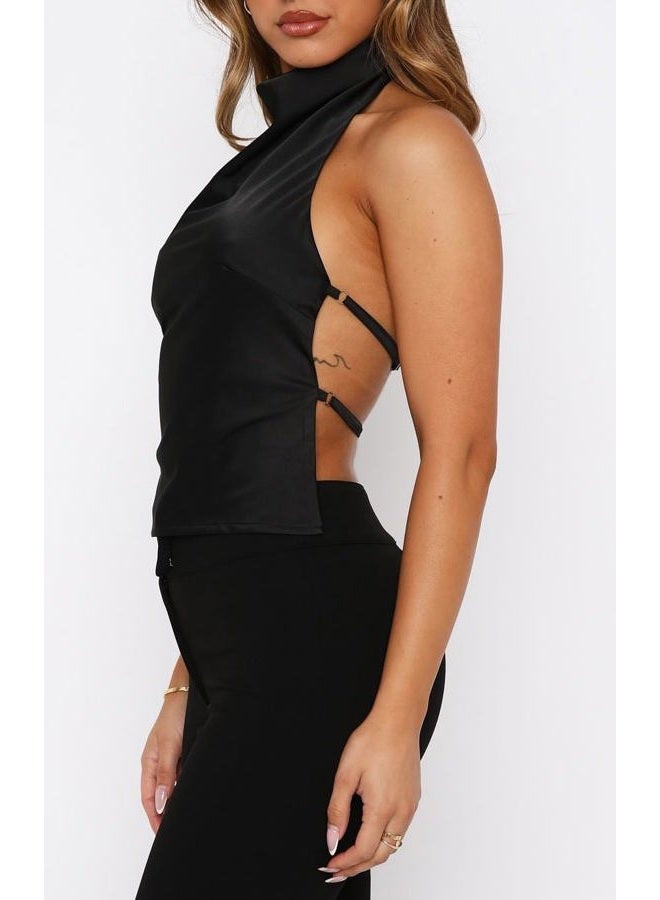 Passec Open Back Halter Tops for Women Bow Tie Back Ruched Ruffle Crop Tops Smocked Y2K Going Out Camisoles, A Black, S - Image 5