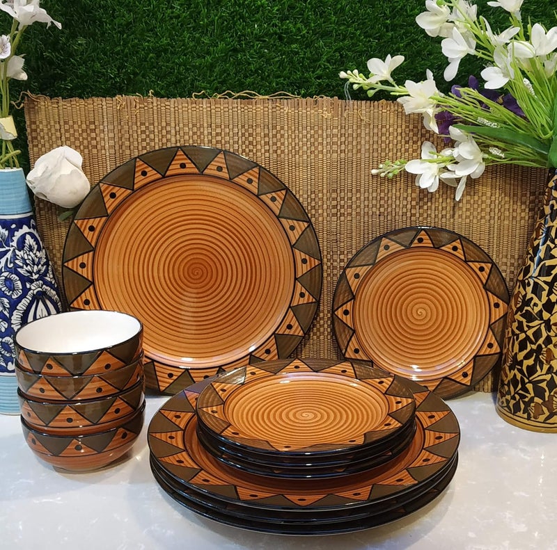 Caffeine Ceramic Handmade Brown Soorya Combo Dinner Set (12 pcs.) - Image 1