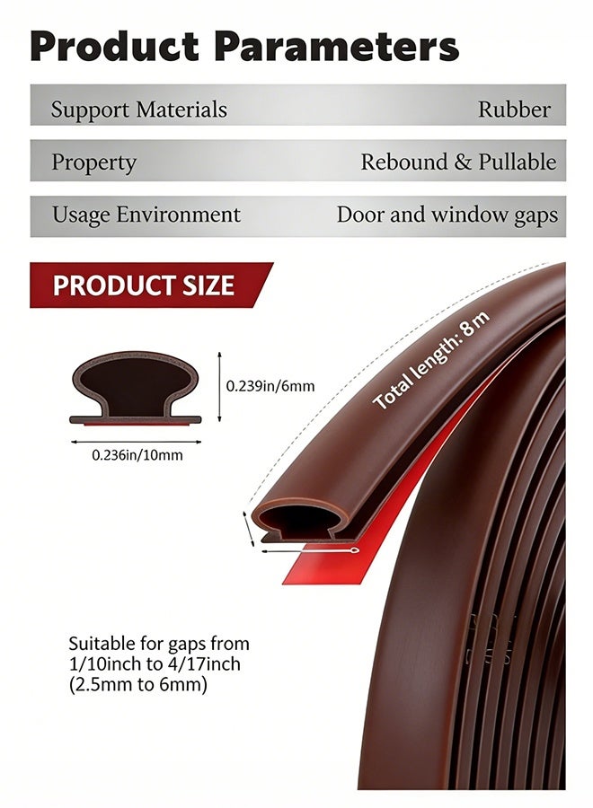 Reelyo Weather Stripping Door Seal Strip 8M D Shape Self-Adhesive Rubber Insulation Soundproof Windproof Dustproof Seal for Doors and Windows Home Use Brown 10x6MM - Image 2