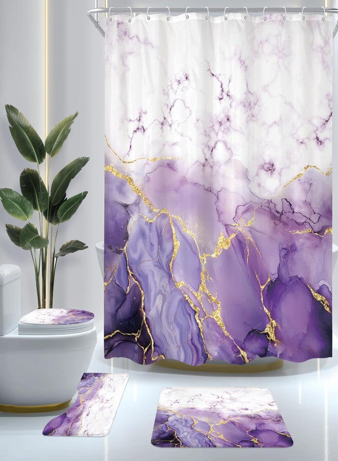 Cinbloo 4Pcs Purple Marble Shower Curtain Set, Abstract Lilac Gold Cracked Lines Modern Minimalist Bathroom Curtain with Rug, Toilet Lid Cover, Bath Mat, Luxury Aesthetic Shower Curtain with 12 Hooks - Image 1