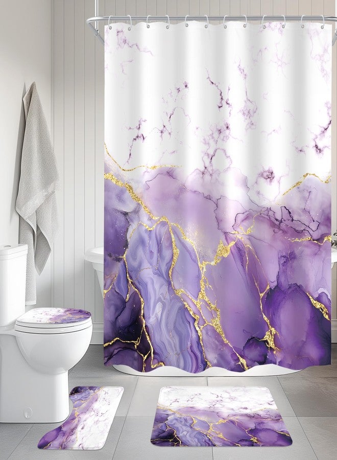 Cinbloo 4Pcs Purple Marble Shower Curtain Set, Abstract Lilac Gold Cracked Lines Modern Minimalist Bathroom Curtain with Rug, Toilet Lid Cover, Bath Mat, Luxury Aesthetic Shower Curtain with 12 Hooks - Image 2