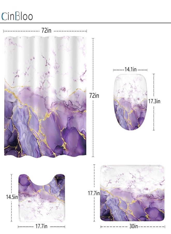 Cinbloo 4Pcs Purple Marble Shower Curtain Set, Abstract Lilac Gold Cracked Lines Modern Minimalist Bathroom Curtain with Rug, Toilet Lid Cover, Bath Mat, Luxury Aesthetic Shower Curtain with 12 Hooks - Image 4