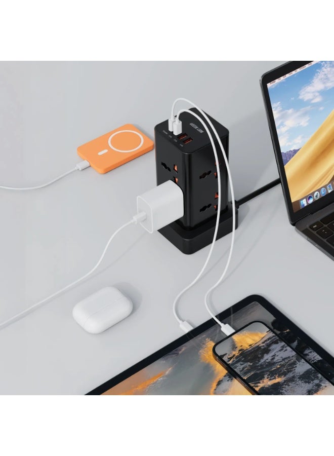 GREEN LION All-In-One Power Hub Power Tower Multi Port Power Strip 2M  / Rated Power 2500W / Overload Protection / 3A Fast Charge / Child Safety Shutter - Black - Image 3