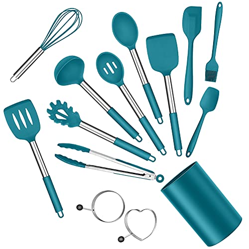 E-far Silicone Cooking Utensils Set Efar 14Piece Blue Kitchen Utensils Set with Holder Kitchen Tools Spatulas with Stainless Steel Handle for Nonstick Cookware Heat Resistant Dishwasher safe - Image 1