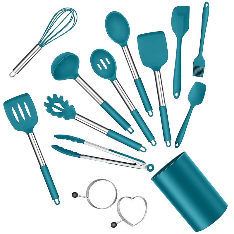 E-far Silicone Cooking Utensils Set Efar 14Piece Blue Kitchen Utensils Set with Holder Kitchen Tools Spatulas with Stainless Steel Handle for Nonstick Cookware Heat Resistant Dishwasher safe - Image 2