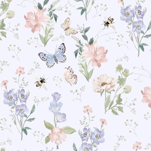 Vinjiasin Peel and Stick Wallpaper Floral Wallpaper Boho Flower Contact Paper Vintage Colorful Removable Self Adhesive Wall Paper for Bathroom Bedroom Flower Leaf Butterfly Bee 17.3"x 78.7" - Image 1