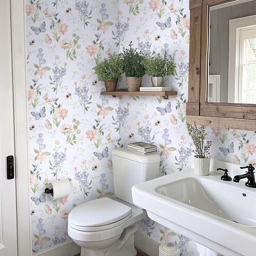 Vinjiasin Peel and Stick Wallpaper Floral Wallpaper Boho Flower Contact Paper Vintage Colorful Removable Self Adhesive Wall Paper for Bathroom Bedroom Flower Leaf Butterfly Bee 17.3"x 78.7" - Image 3