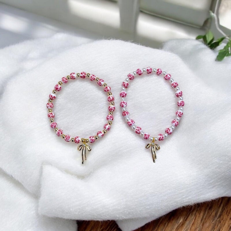 Agromusk Beads Bow Charm Bracelet for Women Pink Flower Vintage Bracelet Handmade Stretch Strand Beaded Bracelet Pink and White Decor Coquette Aesthetic Dainty Romantic Jewelry Gifts for Her (Pink with Pearl) - Image 4
