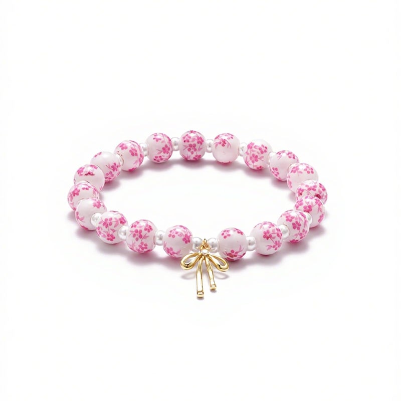 Agromusk Beads Bow Charm Bracelet for Women Pink Flower Vintage Bracelet Handmade Stretch Strand Beaded Bracelet Pink and White Decor Coquette Aesthetic Dainty Romantic Jewelry Gifts for Her (Pink with Pearl) - Image 3